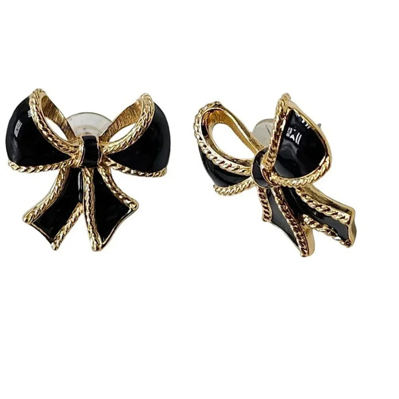 K.J.L Kenneth Jay Lane for Avon Black Enamel Bow Earrings Gold Tone Vintage - Picture 2 of 5